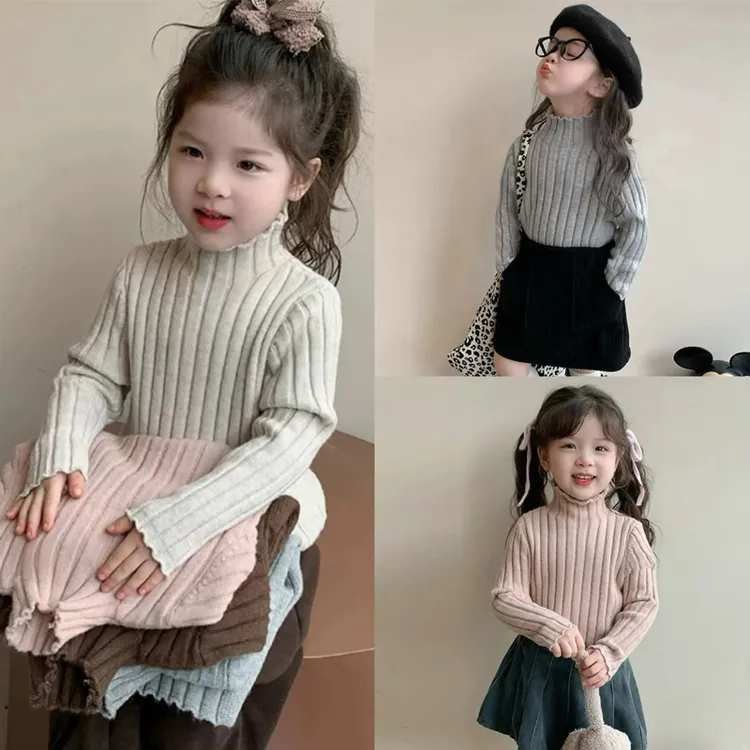 男女童毛衣秋冬儿童纯色坑条半高领打底衫百搭套头针织衫保暖线衫