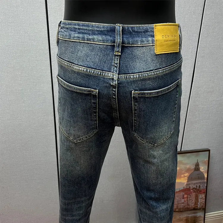 【秋冬厚款】876深蓝时尚高端欧货九分男装牛仔裤弹力小脚修身长裤