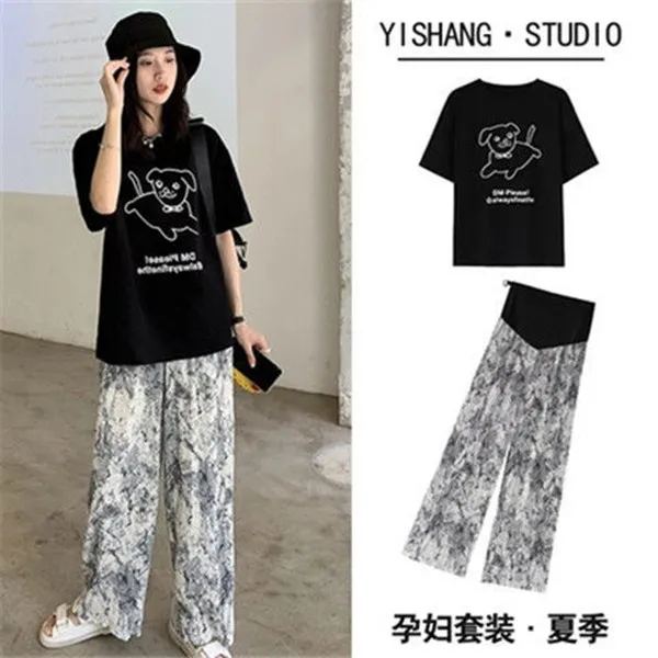 2025新款网红孕妇套装孕妈宽松纯棉印花短袖T恤垂感冰丝阔腿裤夏