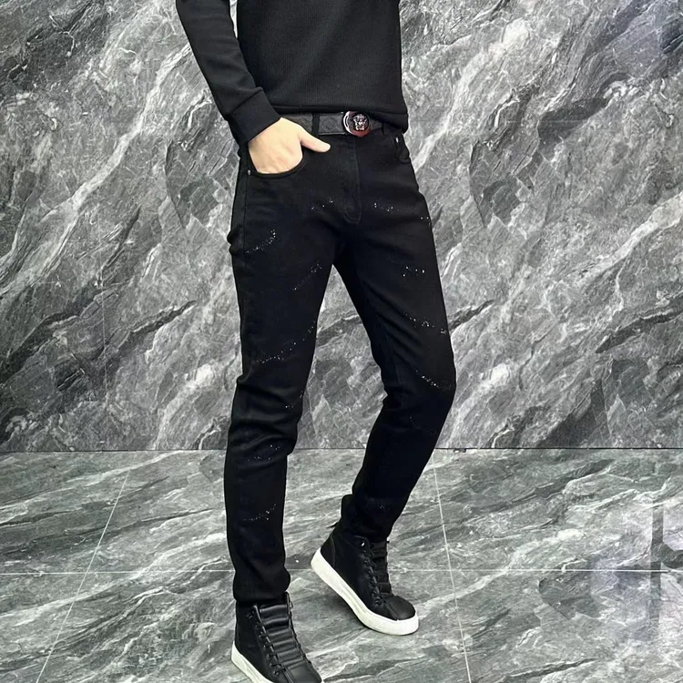 烫钻牛仔裤黑色韩版弹力秋季小脚裤百搭潮流-6631