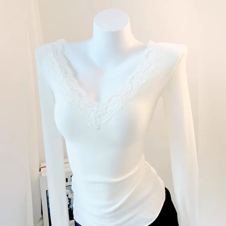 纯欲V领蕾丝打底衫女秋冬季小香德绒内搭长袖t恤2025新款茶艺上衣