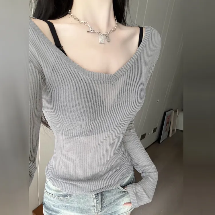 V领针织防晒长袖t恤女夏秋2025新款美式修身微透辣妹罩衫纯欲上衣