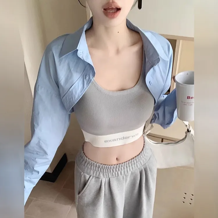 辣妹短款衬衫外套女夏2024新款设计感蓝色小坎肩外搭开衫防晒上衣