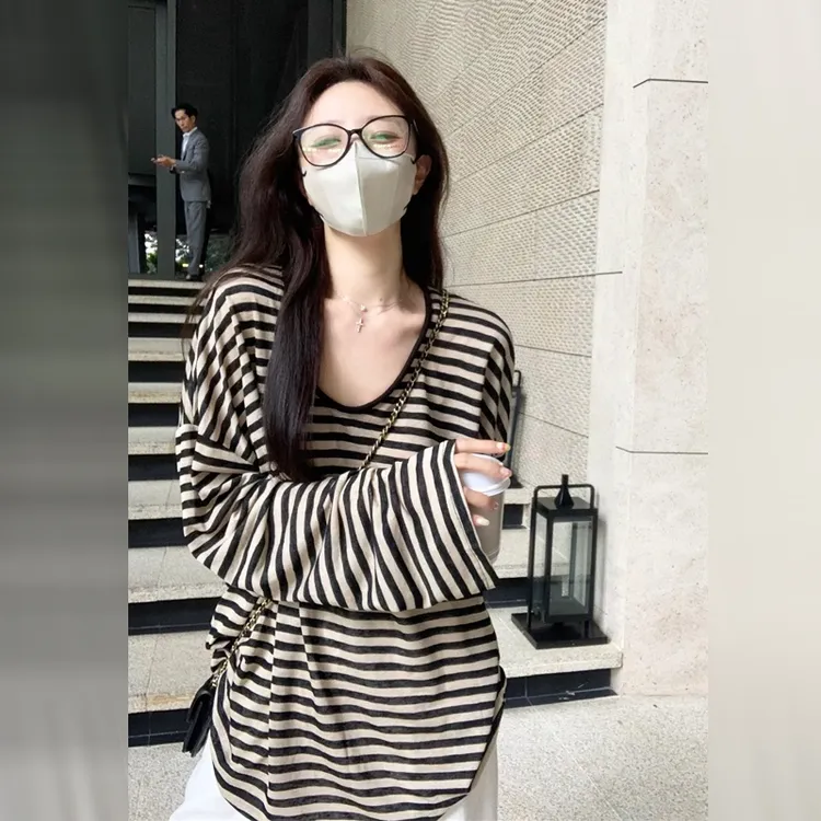 辣妹条纹防晒罩衫女夏季2025新款宽松U领美式长袖t恤薄款外搭上衣