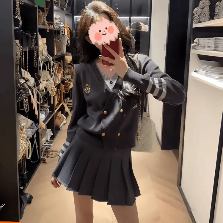 学院风网红气质时尚洋气假两件针织套装2024秋季女装百褶裙套装女