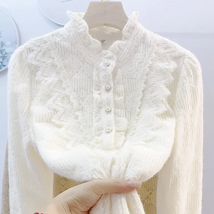 半高领加绒网纱蕾丝打底衫内搭宽松衬衫显瘦遮肉小香风加厚上衣冬