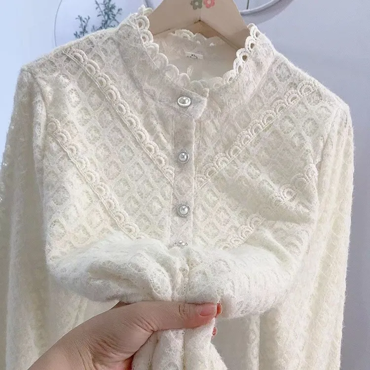 木耳半高领网纱蕾丝打底衫内搭加绒衬衫宽松显瘦遮肉减龄上衣衬衣