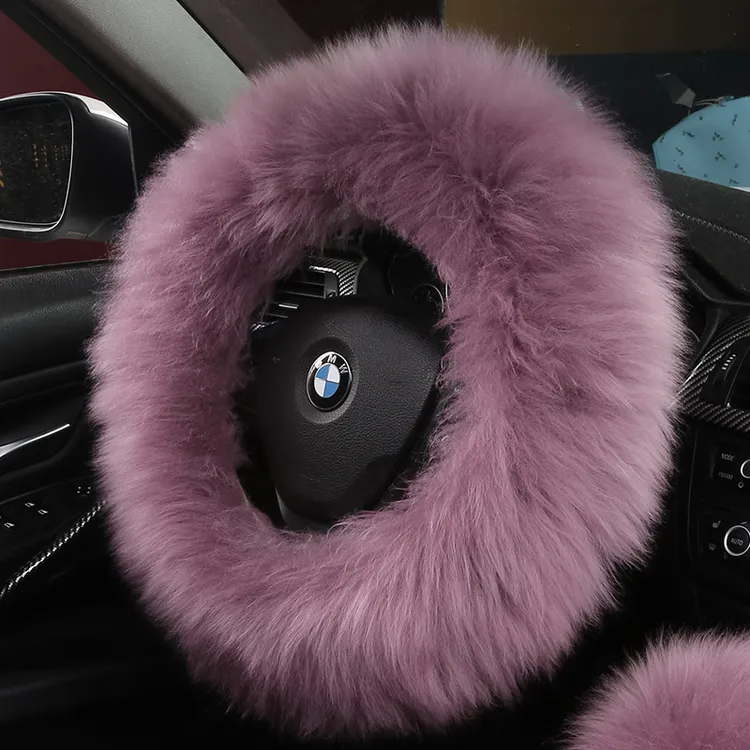 冬季汽车方向盘套纯羊毛把套女通用长毛绒方向盘套保暖真皮毛一体