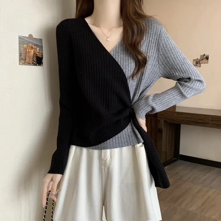 小众不规则撞色内搭t恤毛衣女秋冬大码胖mm修身显瘦设计感针织衫