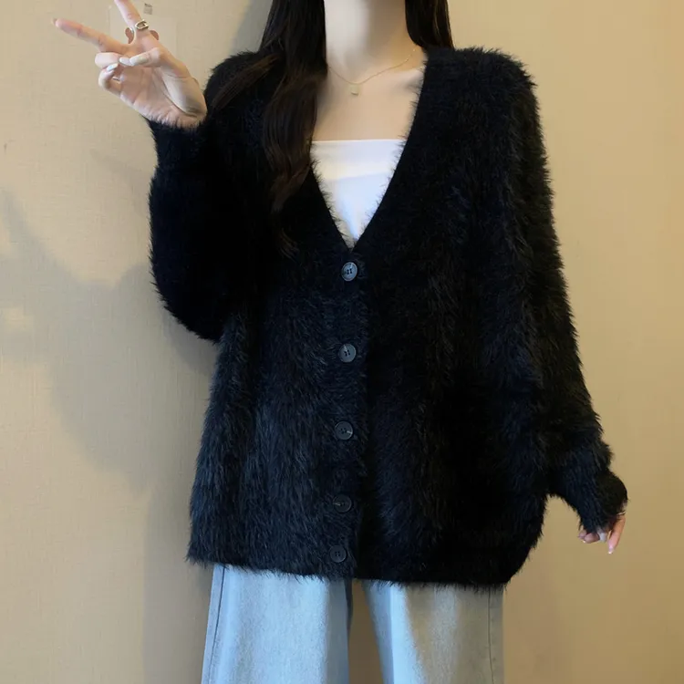 大码洋气慵懒风毛茸茸长袖毛衣女秋冬外穿胖妹妹显瘦遮肚针织开衫