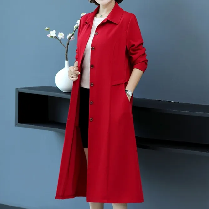 春秋新款妈妈高端单层纯色衬衫领长款风衣时尚阔太太宽松显瘦外套