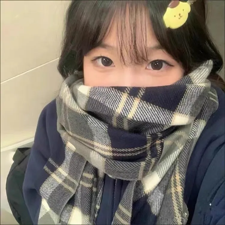 新款秋冬仿羊绒格子保暖ins潮百搭jk日系情侣学生围巾女复古围脖