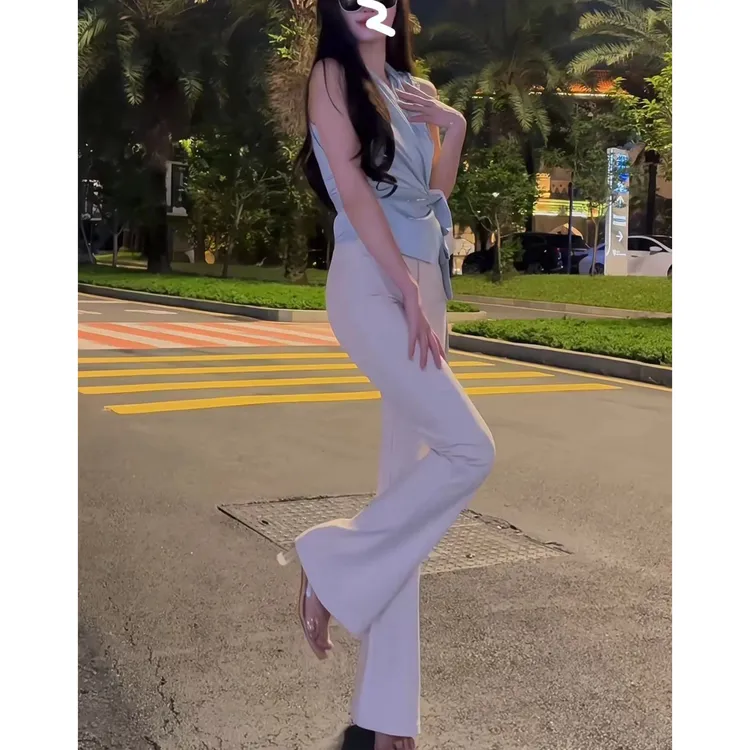 法式设计感v领小众绑带收腰缎面无袖衬衣白色喇叭裤收腰显瘦