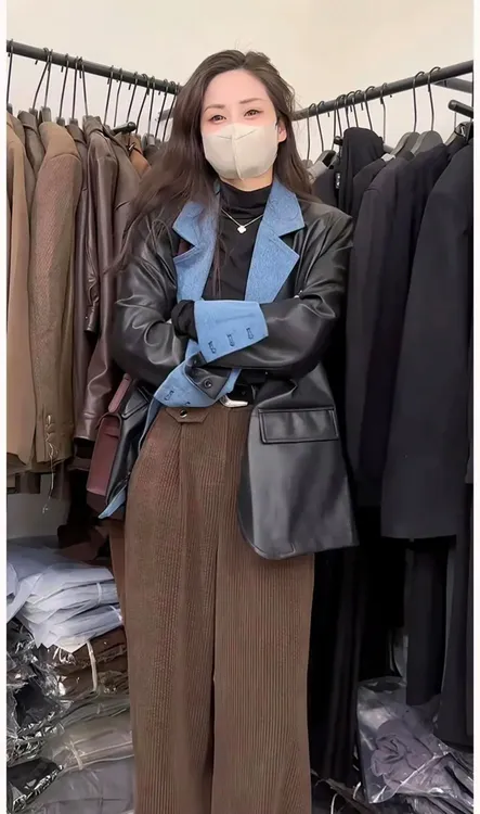 2024秋冬新款时尚洋气拼接休闲西装皮衣外套女时尚炸街网红皮夹克