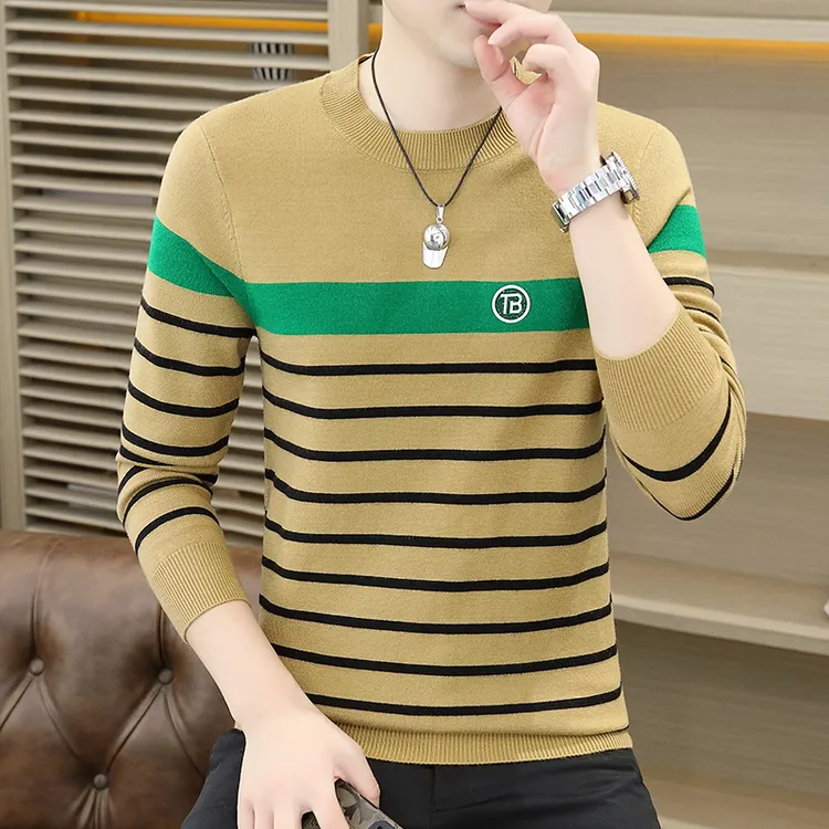 秋冬新款时尚条纹毛衣男士休闲打底衫百搭潮流帅气男宽松针织线衣