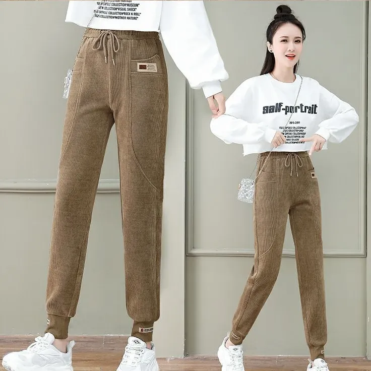 灯芯绒裤子束脚女士加绒裤子加厚矮个子显高显瘦高腰秋冬保暖裤女