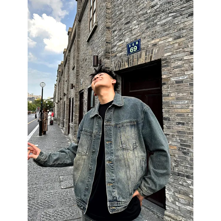 【预售】SANBAI 叁佰复古做旧黄泥色重磅水洗牛仔夹克