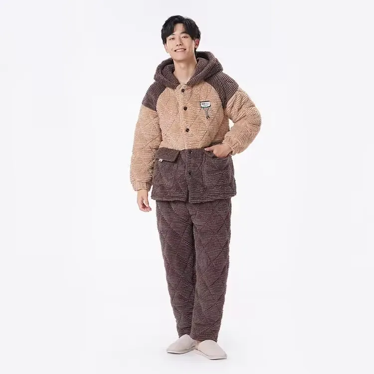  男士睡衣24新款三层加厚加绒夹棉连帽家居服套装FHT1E3