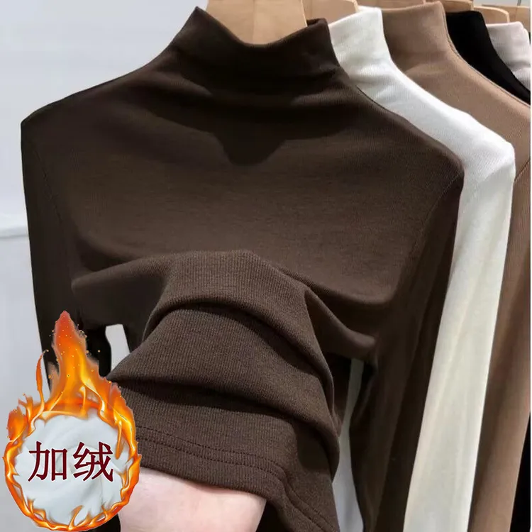 莫代尔加绒半高领打底衫女新款内搭长袖t恤洋气修身显瘦中领上衣