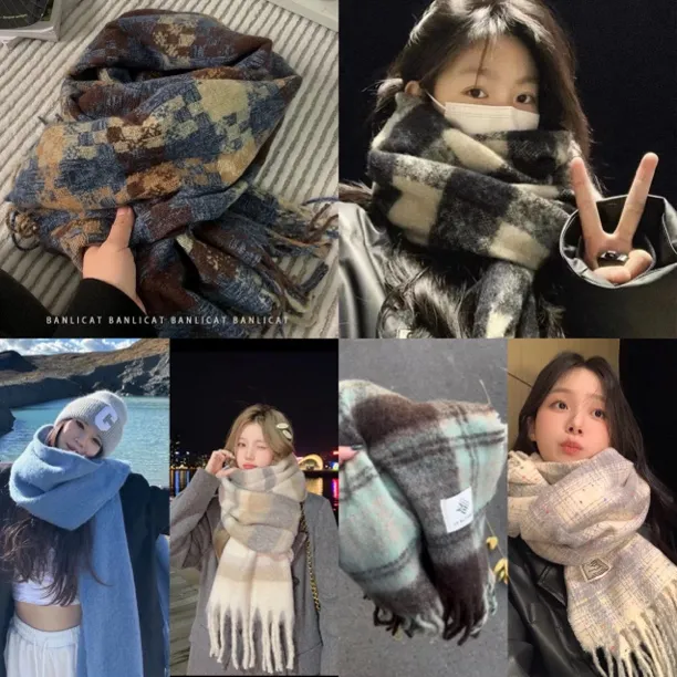 围巾合集～氛围慵懒感秋冬大格子围巾女冬季百搭加厚保暖情侣围脖
