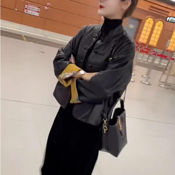 外套女装上衣网红时尚黑色复古立领水洗皮棉服皮衣中式国风百搭女