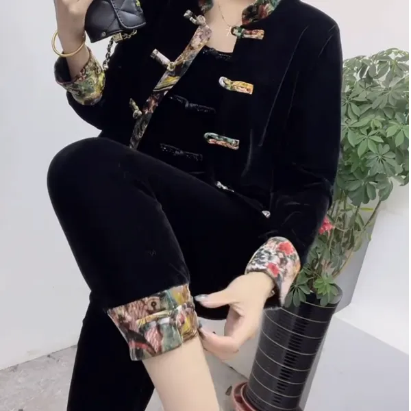 秋套装上衣气质网红洋气时尚休闲金丝绒两件套百搭老钱风女装