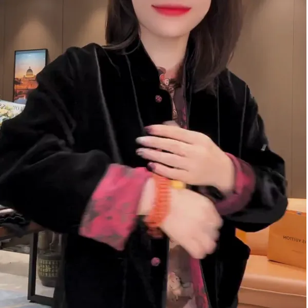 网红时尚棉服百搭黑色花金丝绒外套女上衣潮流春秋宽松加厚大码冬