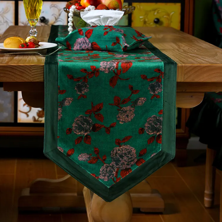 美式高端桌旗边几斗柜盖巾复古轻奢玫瑰花餐桌桌旗长条电视柜防护