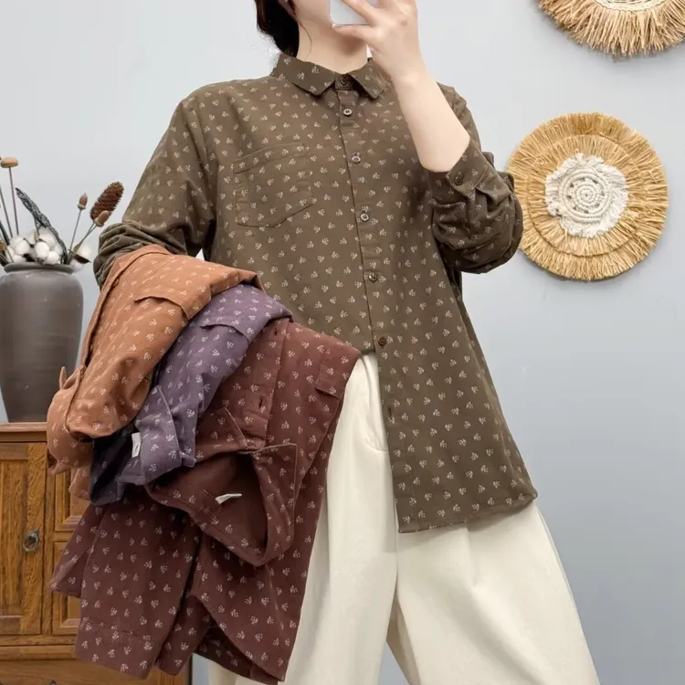 秋冬新款森女系复古印花磨毛衬衫女显瘦百搭休闲上衣加厚衬衣外套