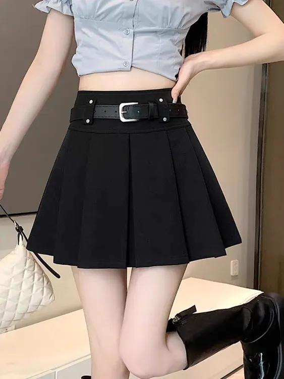 学院风秋季新款百褶裙女小个子高腰显瘦短裙a字半身裙子【送腰带】