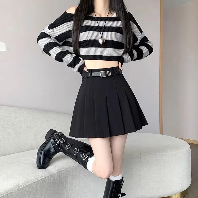 学院风裙子西装半身裙女秋季新款小个子高腰显瘦a字百褶裙【送腰带
