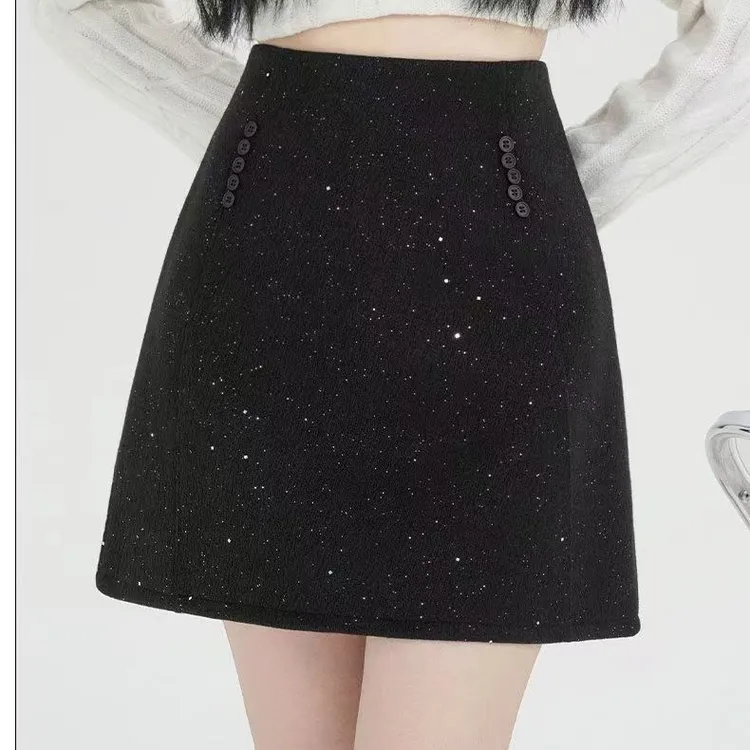 2025冬季亮闪闪薄款毛呢A字短裙韩系高级感显瘦包臀裙时尚小裙子