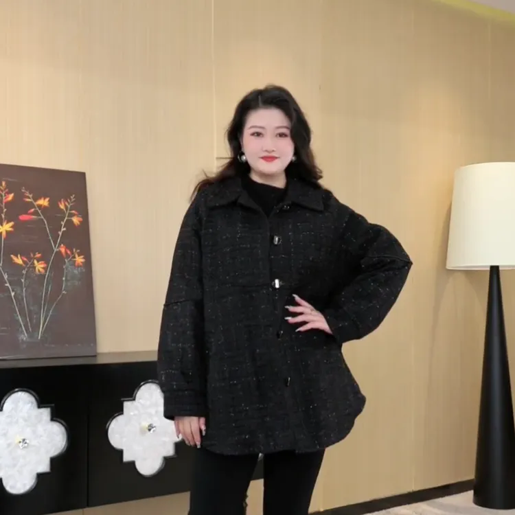 胖晶晶定制大码女装秋冬季新款黑色宽松气质加厚保暖外套ZB5459