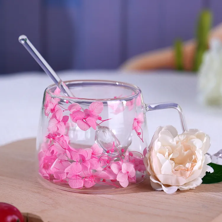 高颜值双层花朵高硼硅玻璃茶杯创意干花耐热牛奶咖啡杯果汁杯水杯