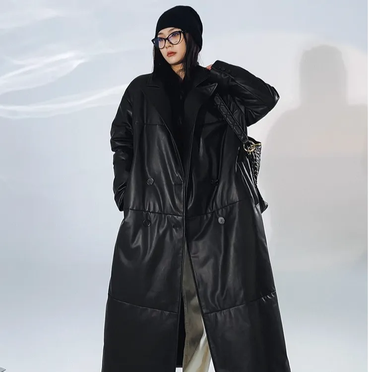 海宁冬季新款真皮绵羊皮女长款时尚百搭宽松洋气西装领外套