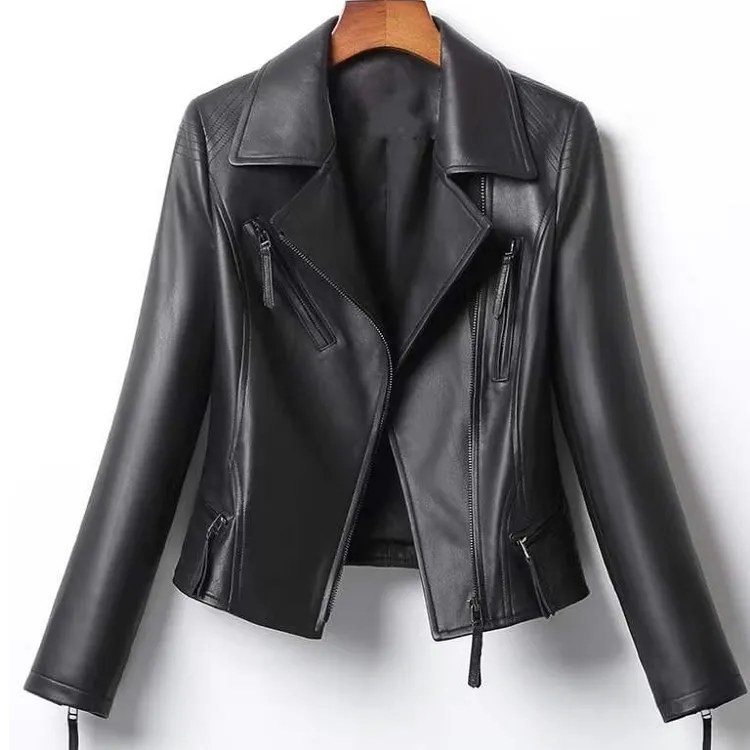 100%头层绵羊皮短款女机车服新款海宁真皮皮衣修身时尚皮外套