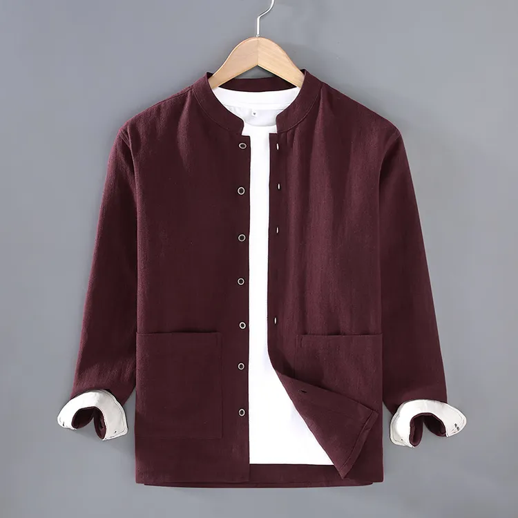 男士外套衬衫秋季新款中式立领衬衫男复古苎麻中国风外套上衣2365
