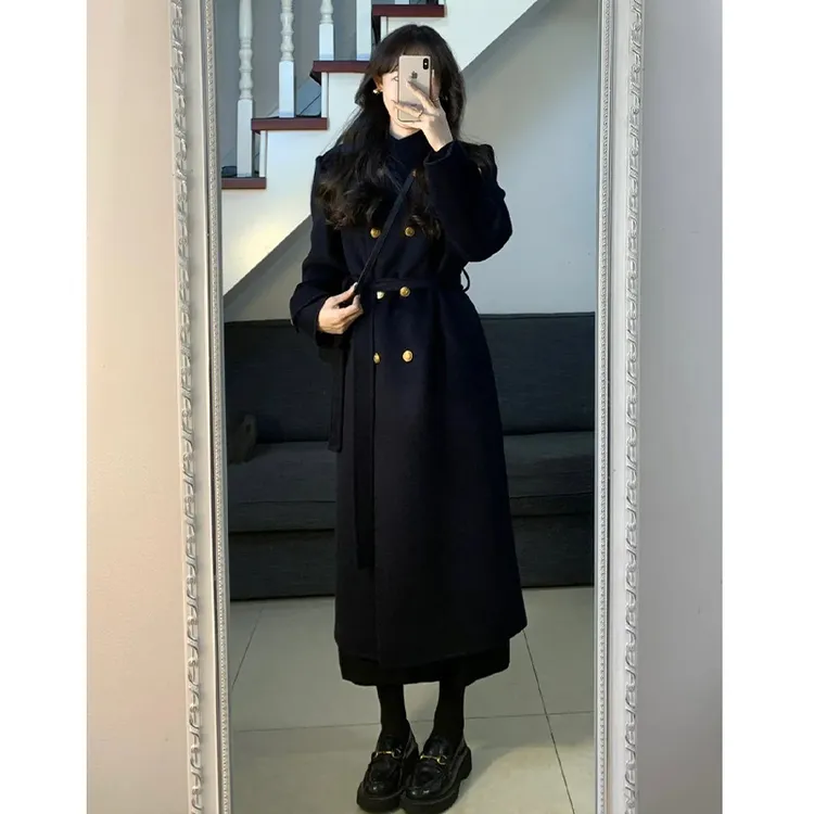 黑色双面羊绒大衣女中长款立领双面绒2025秋冬新款高端毛呢外套