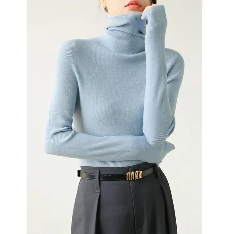 淡蓝色羊毛衫女士2025秋冬新款百搭显瘦高级感针织衫套头高领毛衣