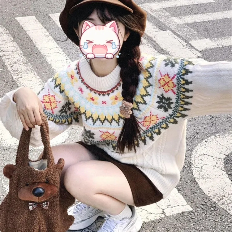 费尔岛圆领套头毛衣女秋冬2024新款慵懒风高级感加厚宽松针织上衣