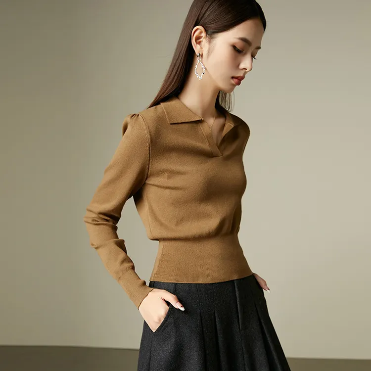 晚白【粉丝专享】毛衣翻领高弹针织衫女24070705