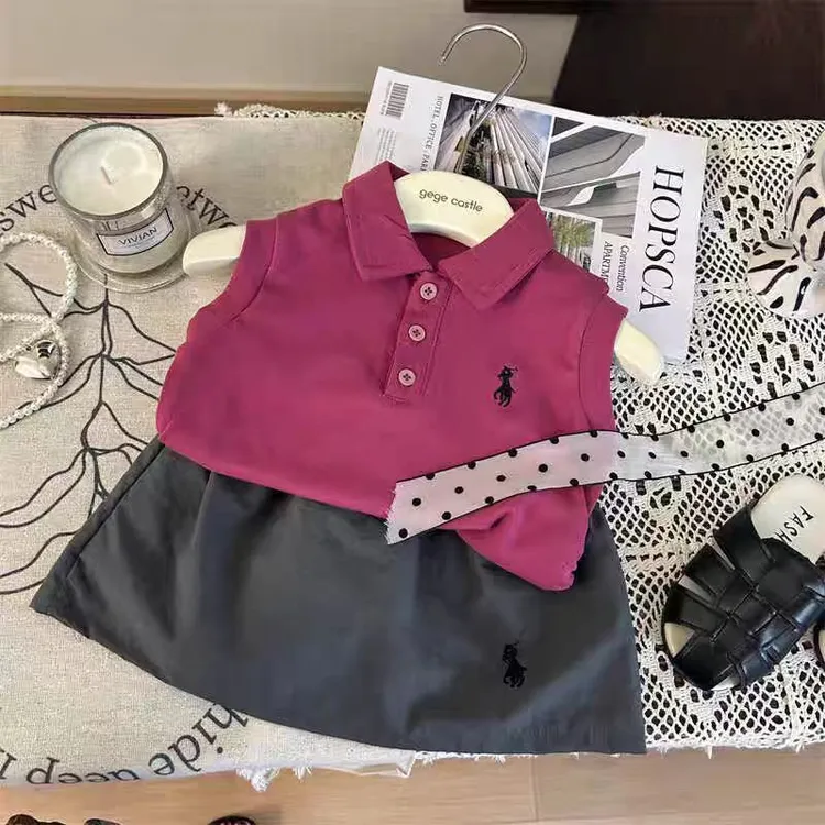 女童夏季套装新款洋气女宝polo领背心上衣半身裙儿童两件套28067