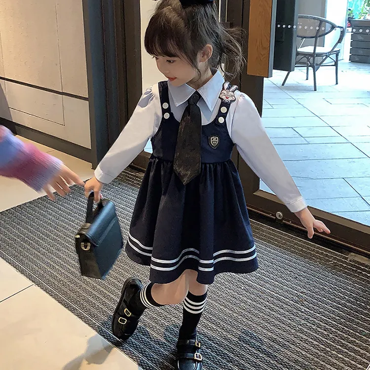 女童连衣裙假两件春秋款学院风洋气可爱学生裙小女孩假两件连衣裙