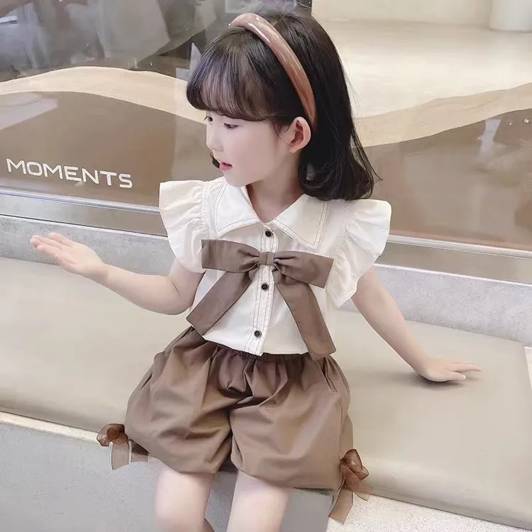 女童花苞裤套装制服飞袖衬衫学院风一整套小女孩夏装两件套202309