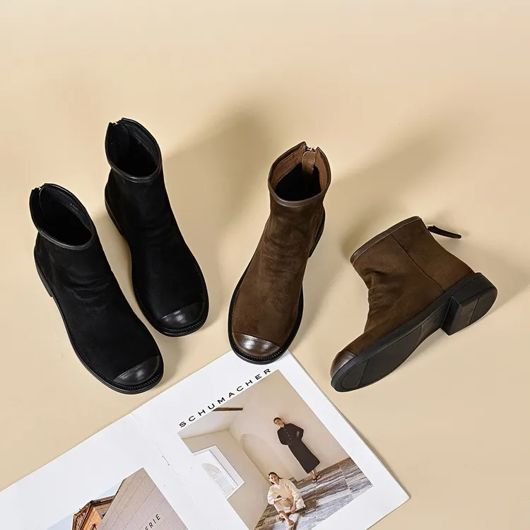小短靴平底2025新款春秋法式及踝靴子软底真皮圆头绒面软底瘦瘦靴