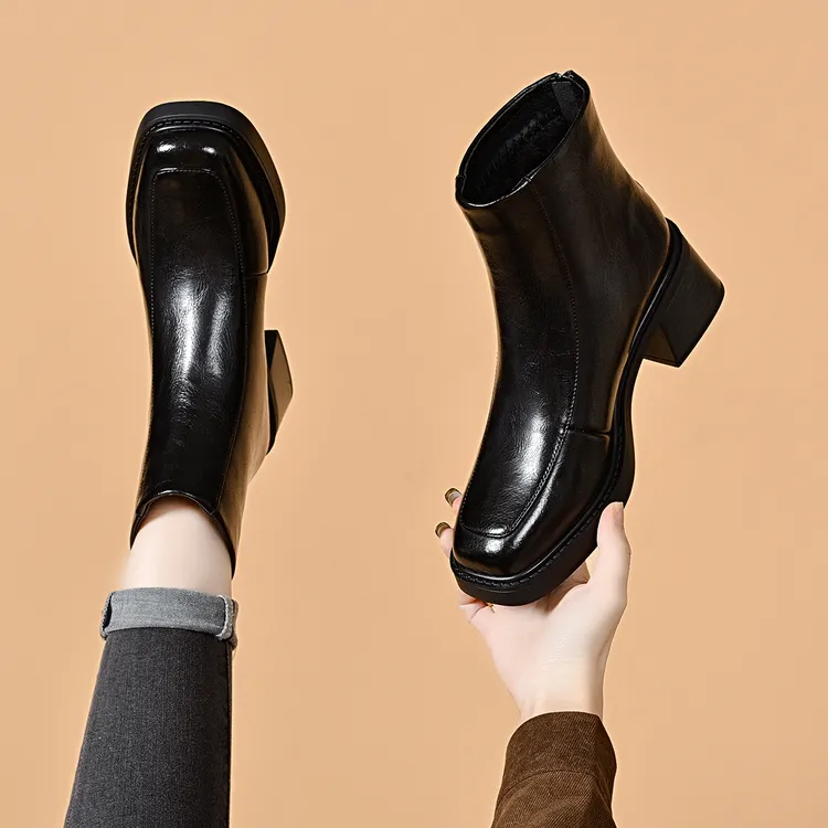 2025新款秋冬方头短靴女真皮粗跟皮鞋春秋英伦风踝靴加绒切尔西靴
