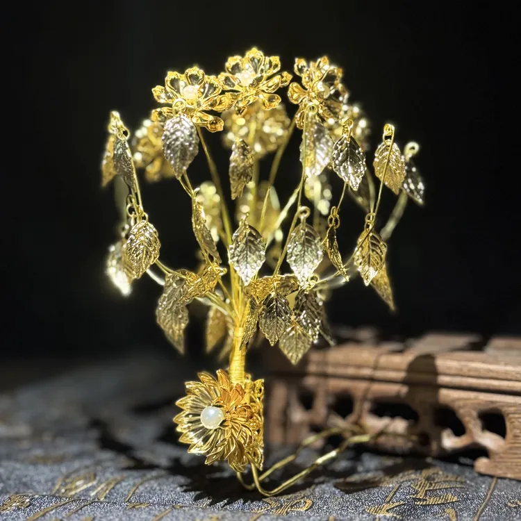 簪簪自玺仿晋花树金步摇牛头鹿角花树步摇镀金保色发簪发冠挑牌