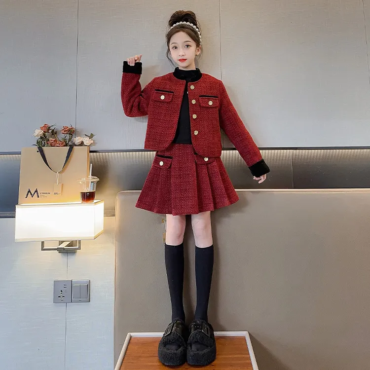 女童小香风套装裙秋冬2023新款儿童中大童夹棉冬季年服裙子两件套