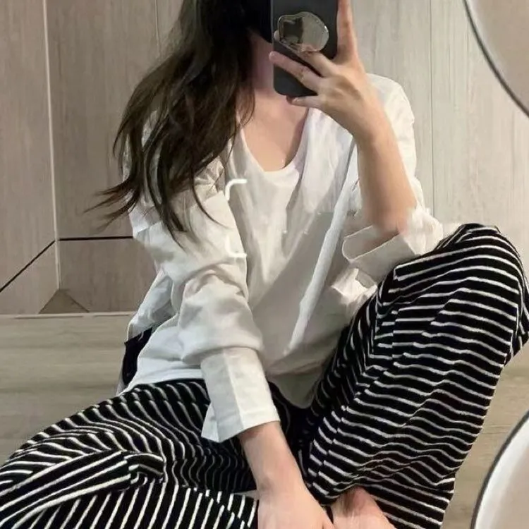 特大码300可穿条纹睡裤女春夏季宽松休闲裤直筒简约大码家居裤女