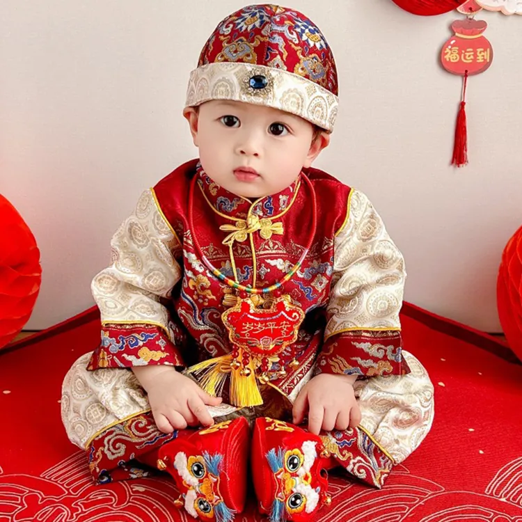 周岁礼服男宝宝秋冬新中式婴儿百天生日宴抓周服儿童喜庆唐装冠衣